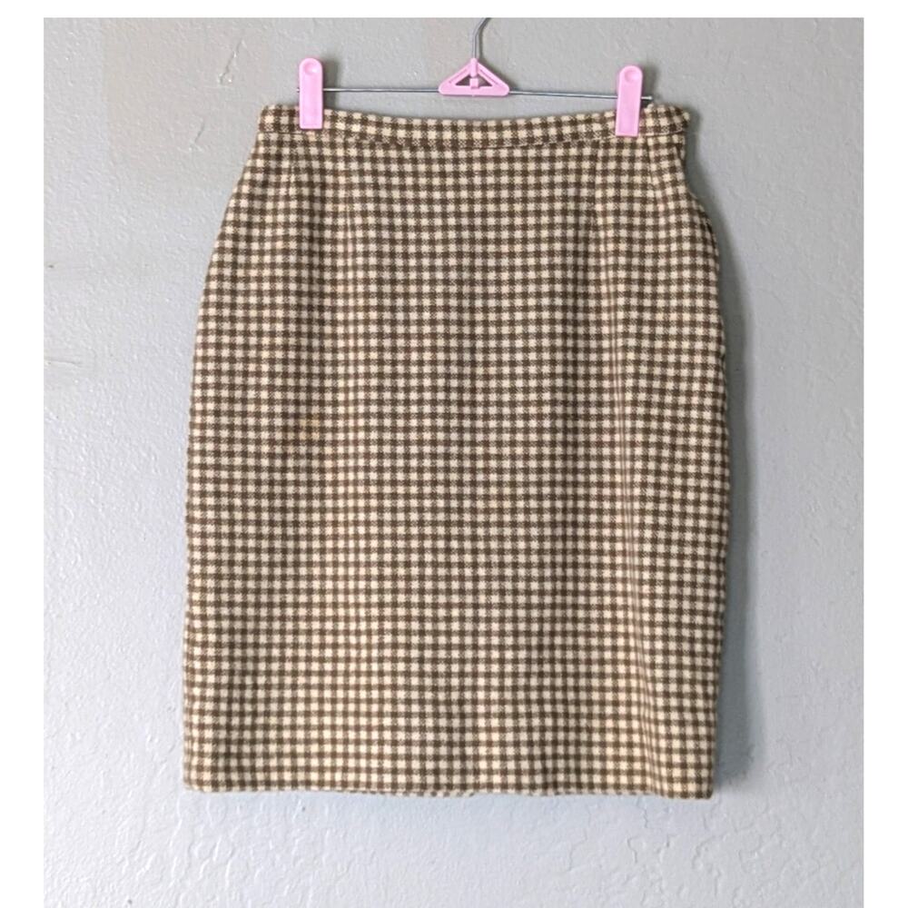 Vintage Pendleton 100% Wool Pencil Skirt Tan Check Lined Sz S